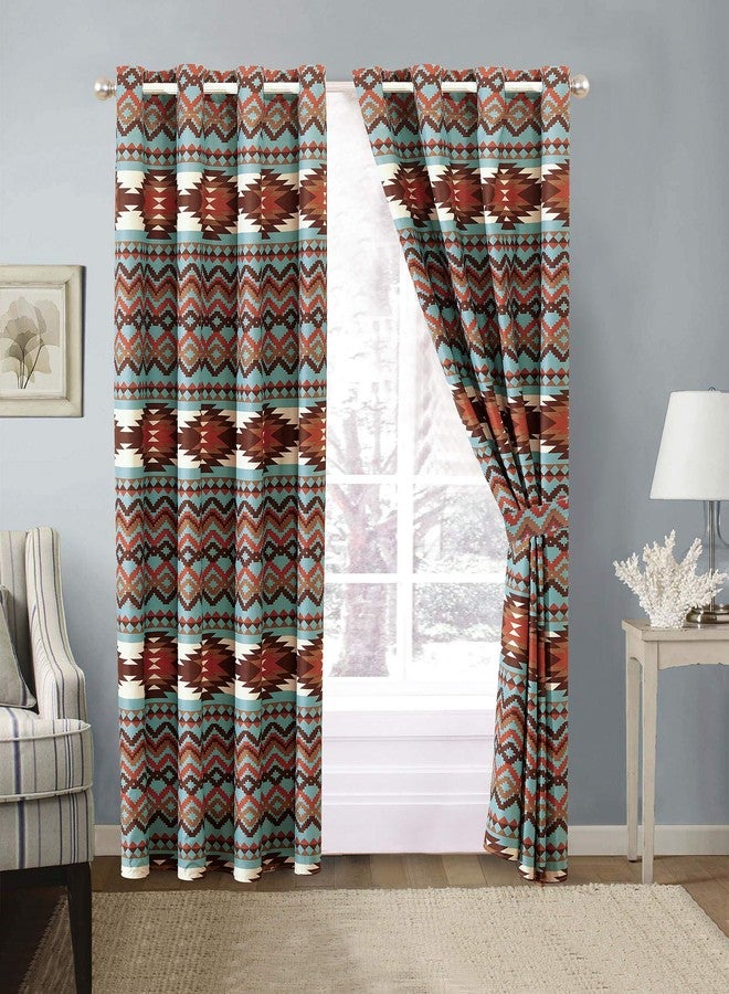 Rugs 4 Less Utah Rustic Western Southwest Native American Grommet Window Curtains Treatment Set with in Turquoise Blue and Brown and Native American Tribal Patterns â€“ Utah Curtains (Turquoise Blue, Microfiber) - Image 1